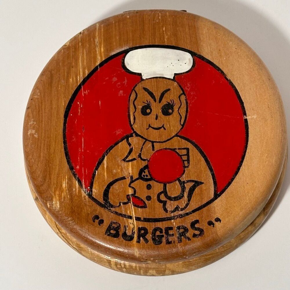Vintage Wooden Hamburger Patty Press with a Hand Painted Chef
